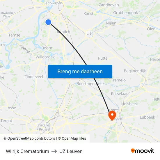 Wilrijk Crematorium to UZ Leuven map