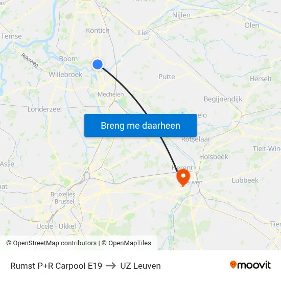 Rumst P+R Carpool E19 to UZ Leuven map