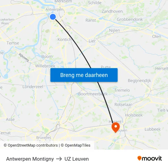 Antwerpen Montigny to UZ Leuven map