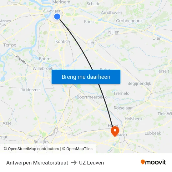 Antwerpen Mercatorstraat to UZ Leuven map