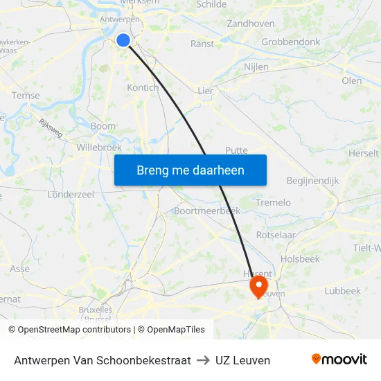 Antwerpen Van Schoonbekestraat to UZ Leuven map