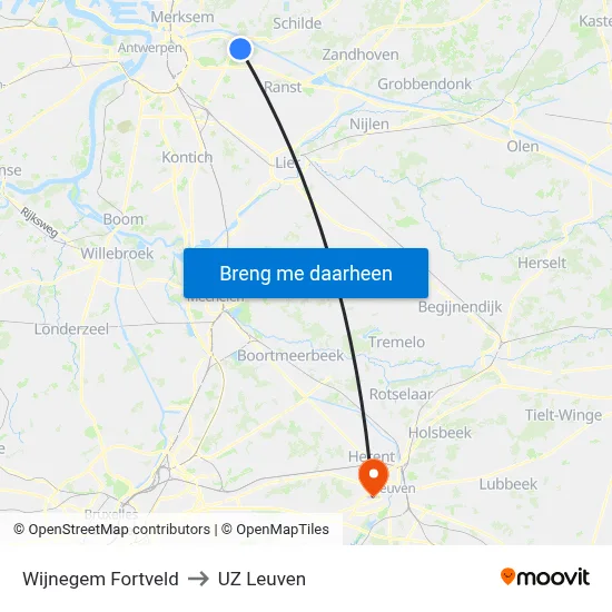 Wijnegem Fortveld to UZ Leuven map