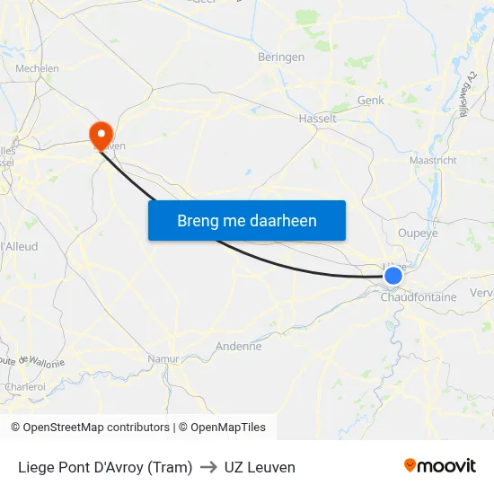 Liege Pont D'Avroy (Tram) to UZ Leuven map