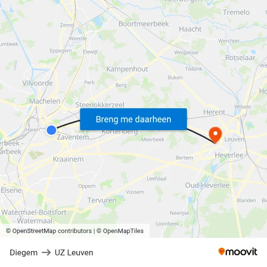 Diegem to UZ Leuven map