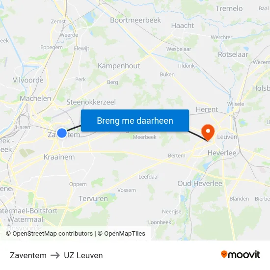 Zaventem to UZ Leuven map