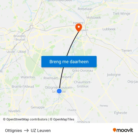 Ottignies to UZ Leuven map