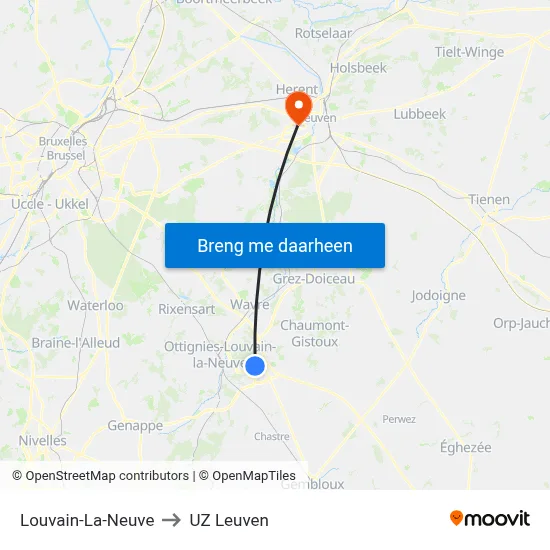 Louvain-La-Neuve to UZ Leuven map