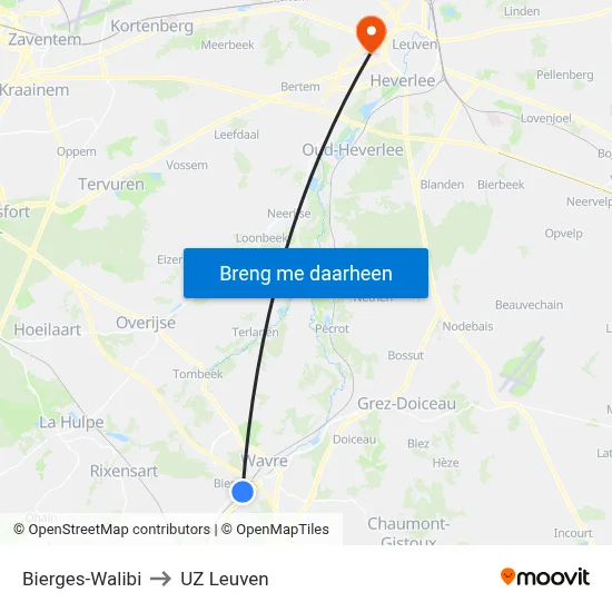 Bierges-Walibi to UZ Leuven map