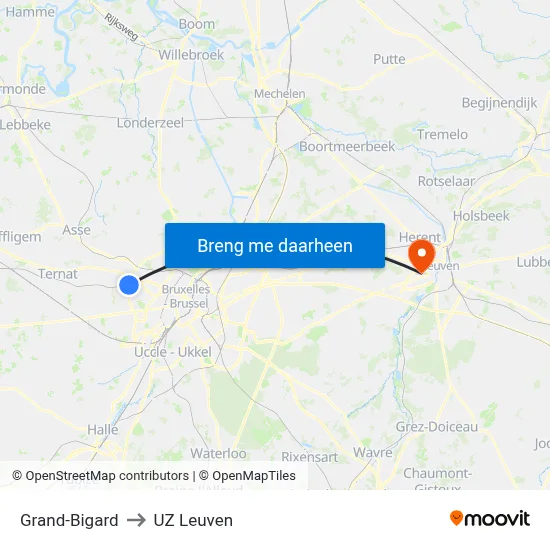 Grand-Bigard to UZ Leuven map