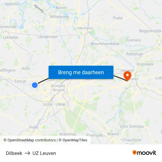 Dilbeek to UZ Leuven map