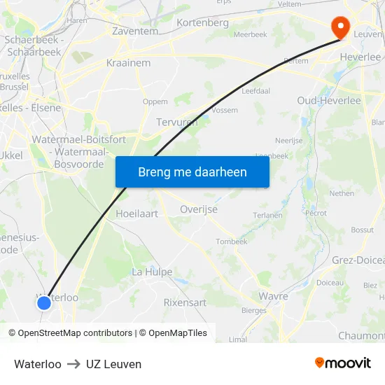 Waterloo to UZ Leuven map