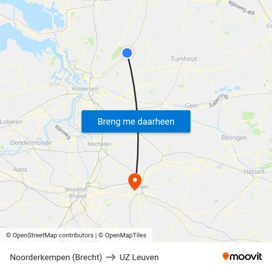 Noorderkempen (Brecht) to UZ Leuven map