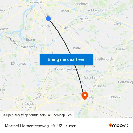 Mortsel-Liersesteenweg to UZ Leuven map