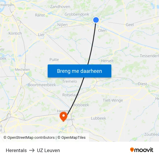 Herentals to UZ Leuven map