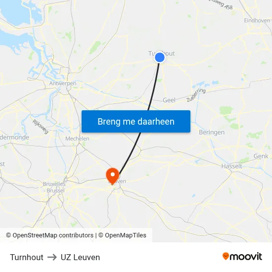Turnhout to UZ Leuven map