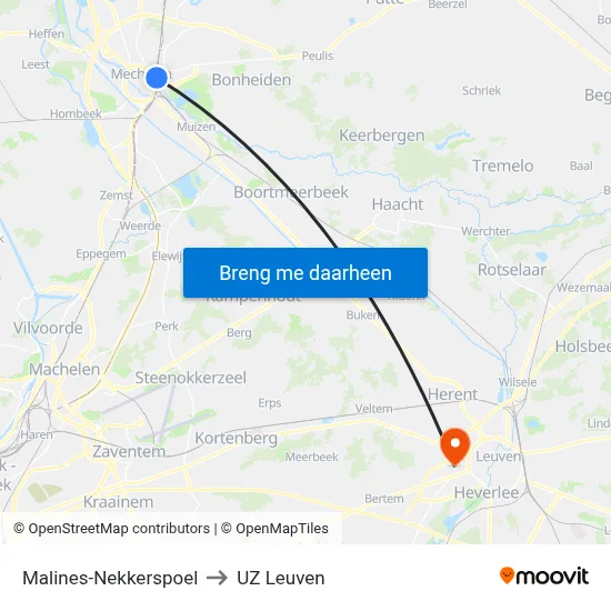 Malines-Nekkerspoel to UZ Leuven map
