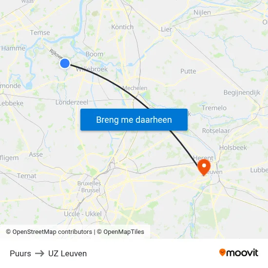 Puurs to UZ Leuven map