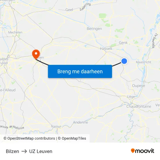 Bilzen to UZ Leuven map