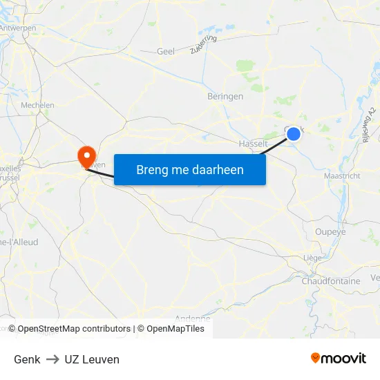 Genk to UZ Leuven map