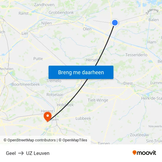 Geel to UZ Leuven map
