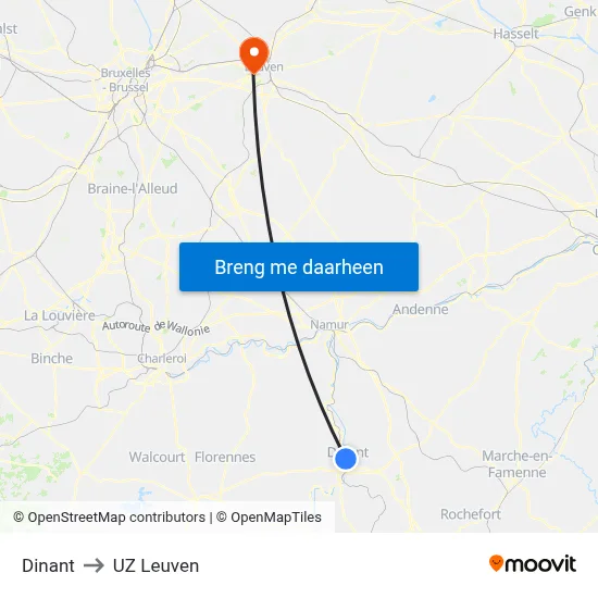 Dinant to UZ Leuven map