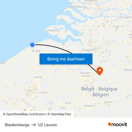 Blankenberge to UZ Leuven map