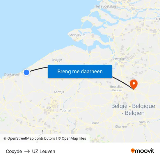 Coxyde to UZ Leuven map