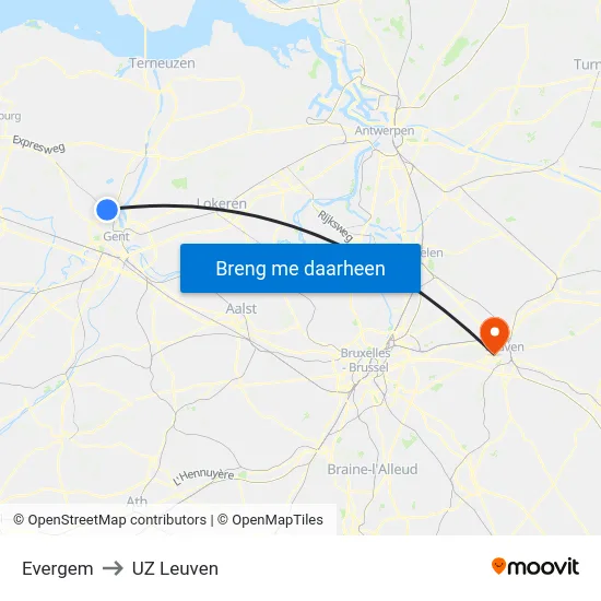 Evergem to UZ Leuven map