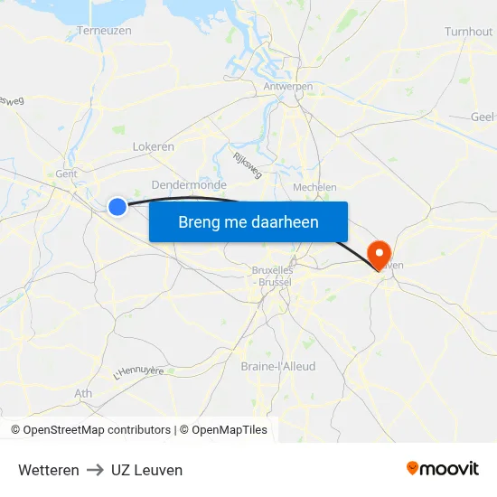Wetteren to UZ Leuven map