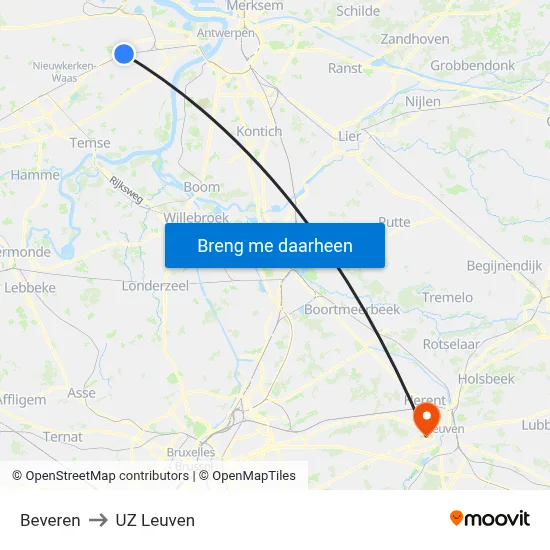 Beveren to UZ Leuven map