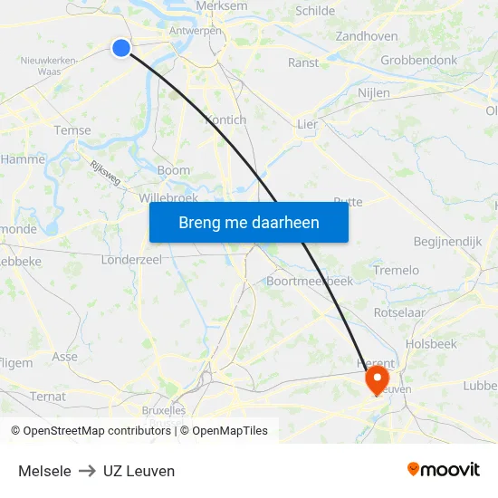 Melsele to UZ Leuven map