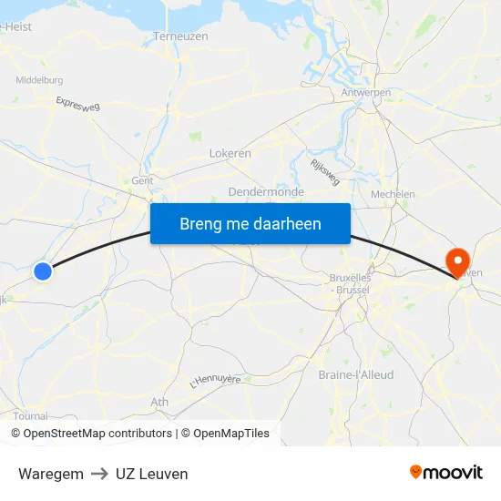 Waregem to UZ Leuven map