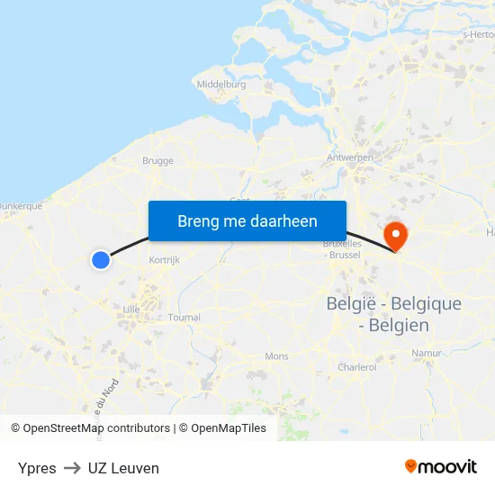 Ypres to UZ Leuven map