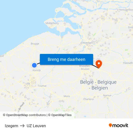Izegem to UZ Leuven map