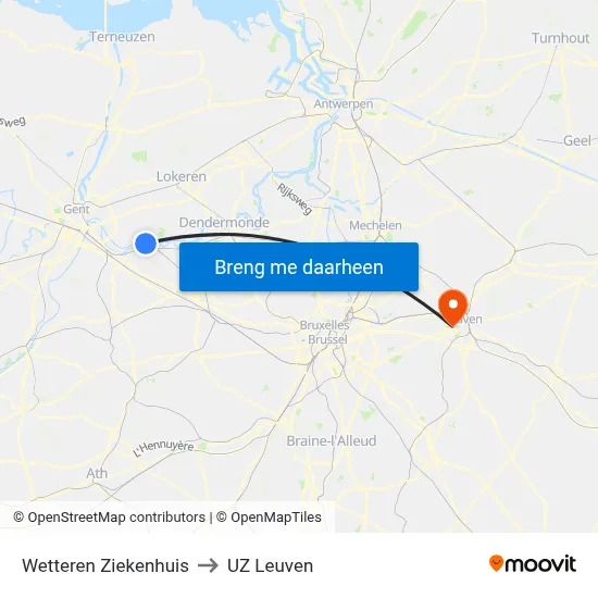 Wetteren Ziekenhuis to UZ Leuven map
