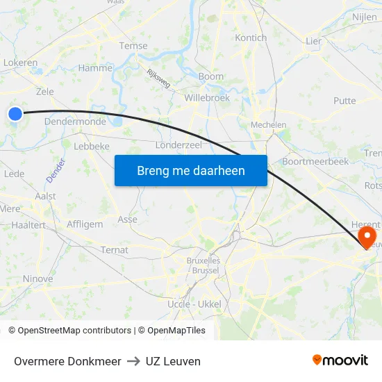 Overmere Donkmeer to UZ Leuven map