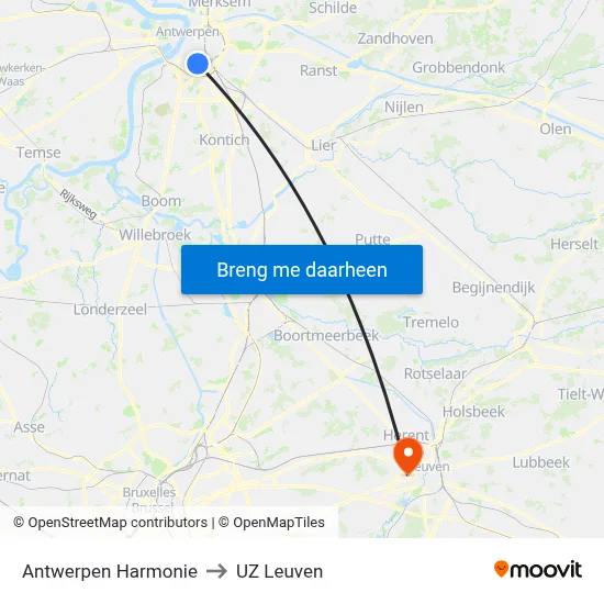 Antwerpen Harmonie to UZ Leuven map