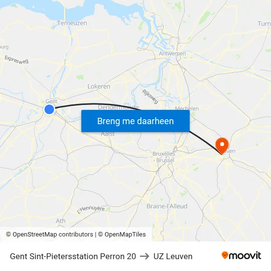 Gent Sint-Pietersstation Perron 20 to UZ Leuven map