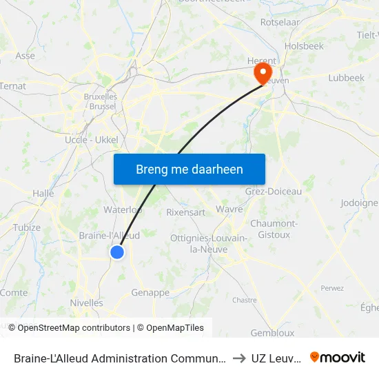 Braine-L'Alleud Administration Communale to UZ Leuven map