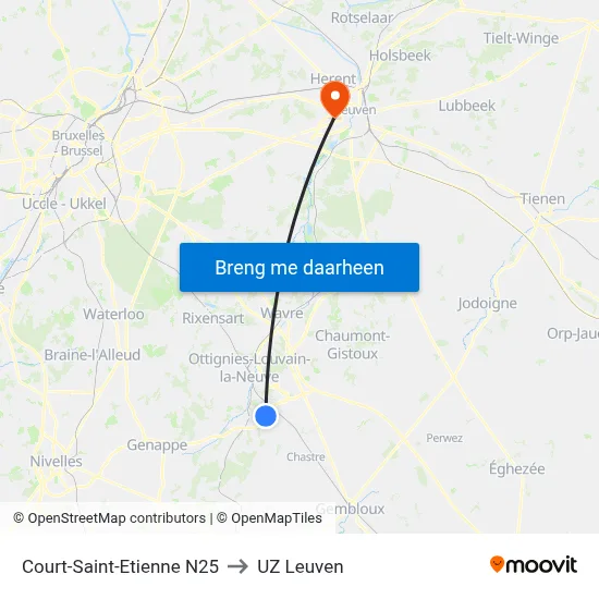 Court-Saint-Etienne N25 to UZ Leuven map