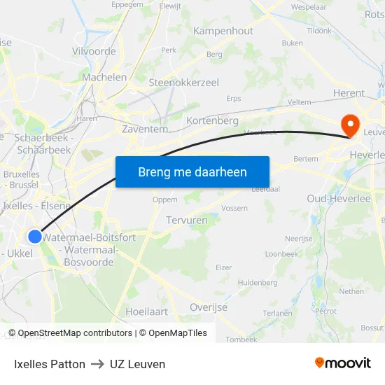Ixelles Patton to UZ Leuven map