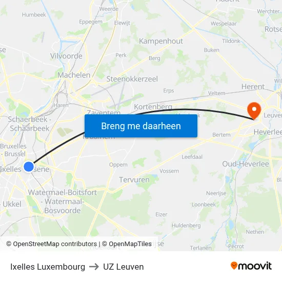 Ixelles Luxembourg to UZ Leuven map