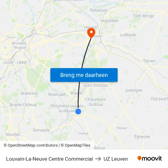 Louvain-La-Neuve Centre Commercial to UZ Leuven map