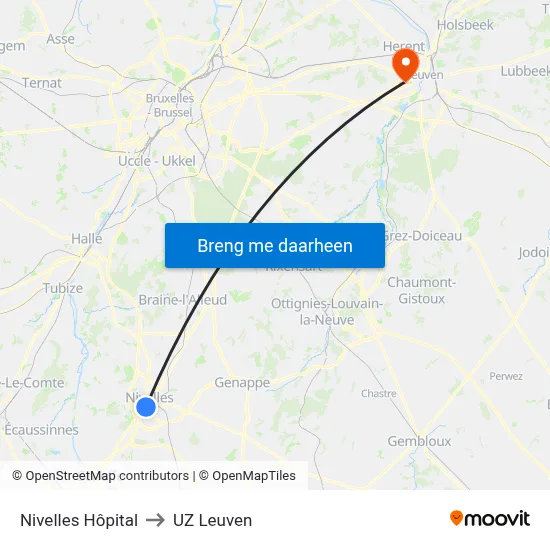 Nivelles Hôpital to UZ Leuven map