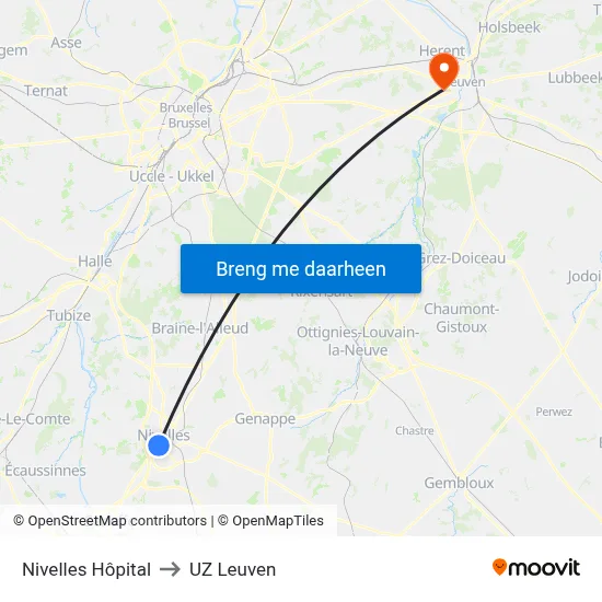 Nivelles Hôpital to UZ Leuven map