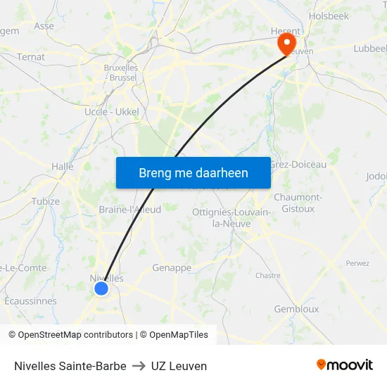 Nivelles Sainte-Barbe to UZ Leuven map