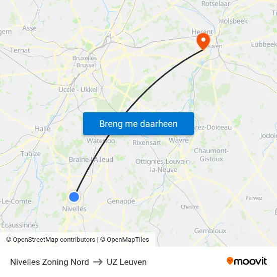 Nivelles Zoning Nord to UZ Leuven map