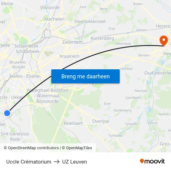 Uccle Crématorium to UZ Leuven map