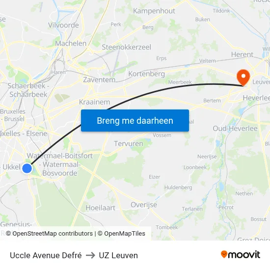 Uccle Avenue Defré to UZ Leuven map