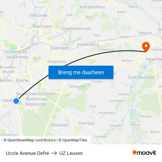 Uccle Avenue Defré to UZ Leuven map